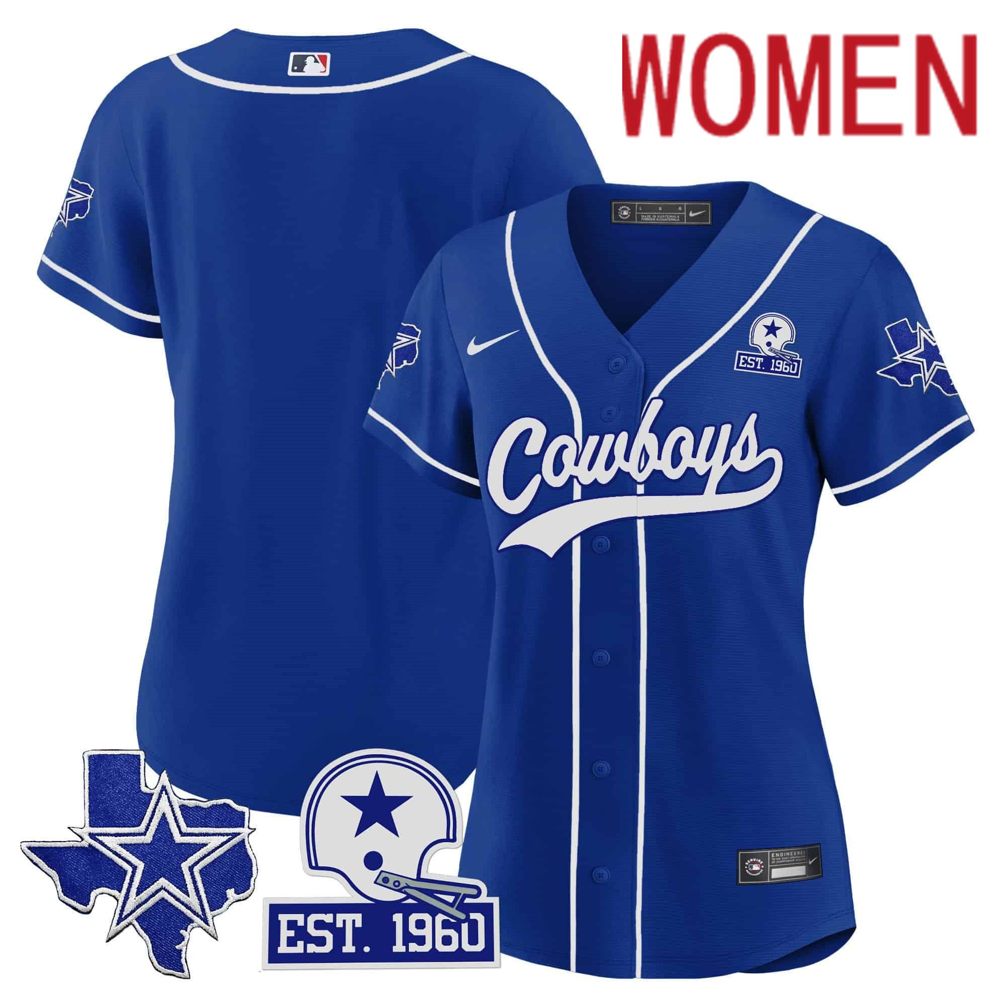 Women Dallas Cowboys Blank Blue 2024 Nike Patch Baseball NFL Jersey->women nfl jersey->Women Jersey